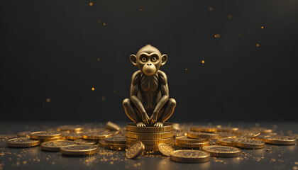 Curious monkey statue perched atop gleaming gold coins, symbolizing wealth and playful fortune in a rich, dark setting with golden sparkles.