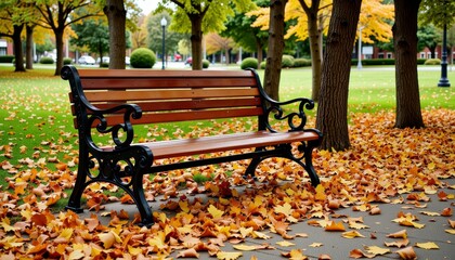 Serene Park Bench Amidst Vibrant Autumn Leaves and Trees in Tranquil Outdoor Setting at Peaceful Urban Garden Location