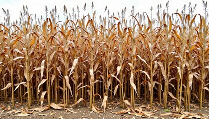Golden cornfield reaching maturity with tall, dry stalks and tassels swaying under a blue sky, symbolizing the seasonal transition from summer to harvest time