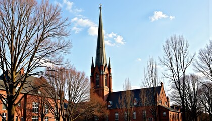 A Majestic Brick Church with Tall Steeple Surrounded by Bare Trees in Urban Park Setting Under Bright Blue Sky