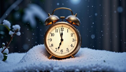 Golden Vintage Alarm Clock in Snowy Winter Night with Falling Snowflakes and Soft Moonlit Glow Amidst Frosty Atmosphere Capturing Timeless Serenity