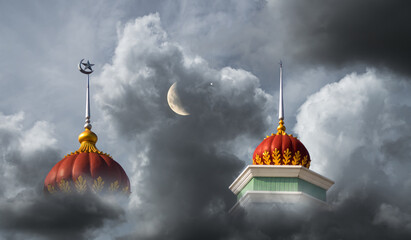 Masjid dome islam moon star night isra miraj namaz sky dark background mubaruk greeting islam ramadan element masjid aqsa hajj kaaba umrah eid arabian religion islamic arab muslim greeting miraj kaaba