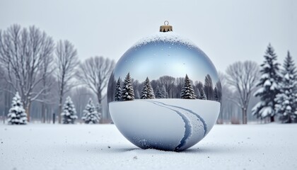Glistening Snowy Winter Wonderland Reflected in a Decadent Holiday Ornament Against a Serene Forest Backdrop