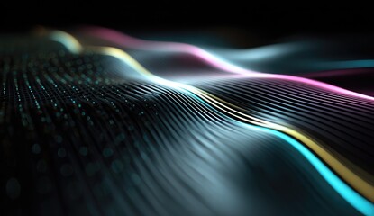 Abstract digital wave patterns with glowing lines and particles on a dark background