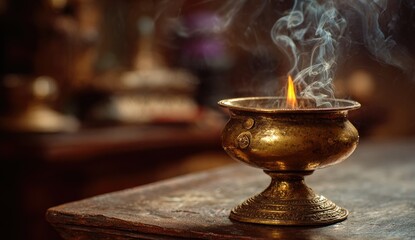 Antique brass incense burner with smoke