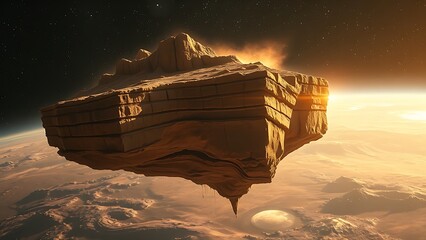 A massive floating landmass crumbling in space, ancient layers disintegrating into stardust.
