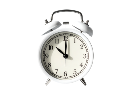 A classic white twin-bell alarm clock, showcasing a minimalist design with black hour and minute hands pointing to eleven o'clock against a stark black background