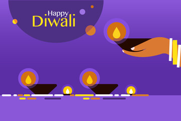 Illustration of hands holding lighted Diwali Festival lamps. Diwali festival concept