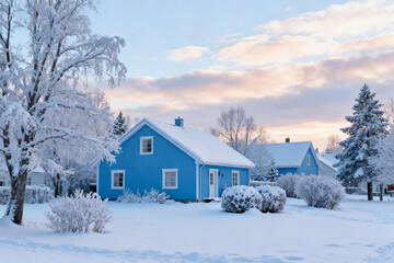A blue house covered in snow during a winter sunset with snow-laden trees and a clear sky