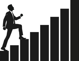 Silhouette of a businessman climbing a black bar graph on a white background illustration design