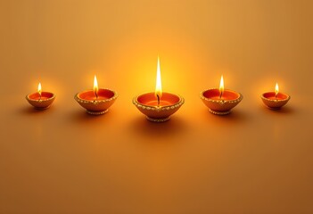 Five traditional diya oil lamps lit up in a row on a warm orange background for Diwali celebration
