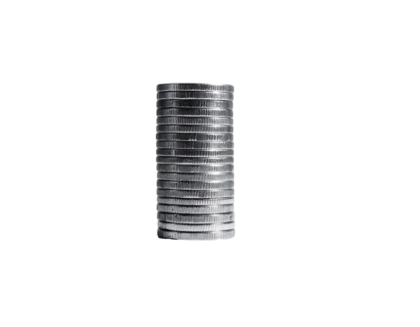 A cylindrical object composed of numerous thin, metallic, horizontally stacked rings