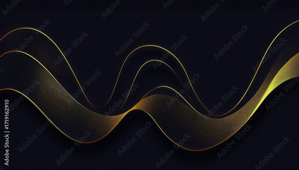Sticker golden abstract wave lines flowing across dark background with smooth gradient, modern futuristic te