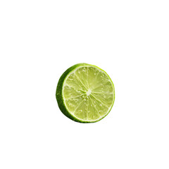 A single half slice of a green lime with visible pulp and rind isolated on a plain black background