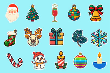 Naklejka premium Colorful raster icon set for Christmas and New Year celebration with tree, gifts, reindeer, baubles, snowman, candle and pine branches on blue and white background, festive decorative design elements