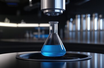 Blue liquid in Erlenmeyer flask lowered into center of black table with camera focused on bottom against laboratory background scientific research concept