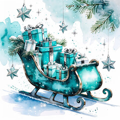 Watercolor Christmas sleigh filled with turquoise gift boxes, decorated with bows, fir branches, and stars. Festive holiday illustration with winter charm on white background.