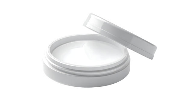 A partially opened cylindrical white container filled with a white, creamy substance