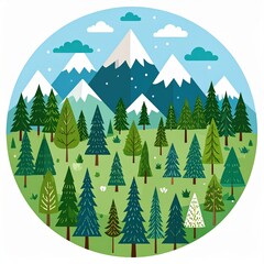 Obraz premium Serene mountain landscape with lush evergreen forest, depicted in a stylized, circular illustration.