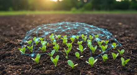 Futuristic farming with glowing digital network overlay on tiny green seedlings growing in rich dark soil under soft golden sunlight, symbolizing smart agriculture and innovation.