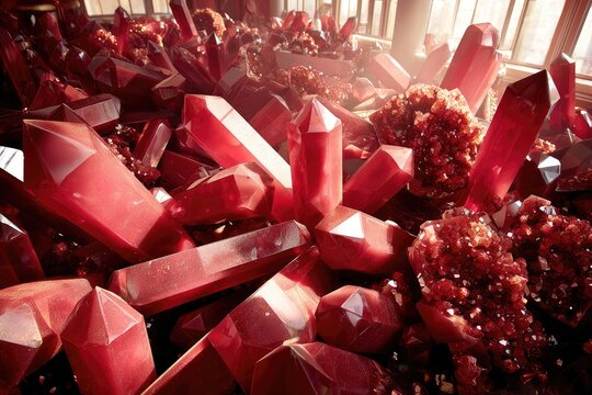 Red crystals fill a display case, light streams in