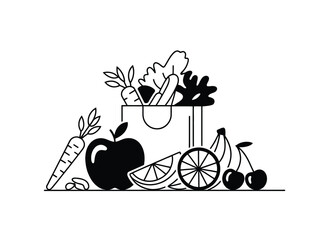 Elegant black and white vector illustration of fresh fruits vegetables and shopping bag silhouette vector illustration white background