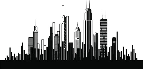 Fototapeta premium A black and white illustration of a city skyline with various skyscrapers and building structures visible