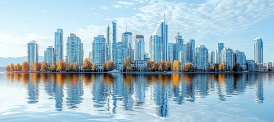Stunning city skyline reflecting in calm waters during sunset, vibrant colors illuminating the scene