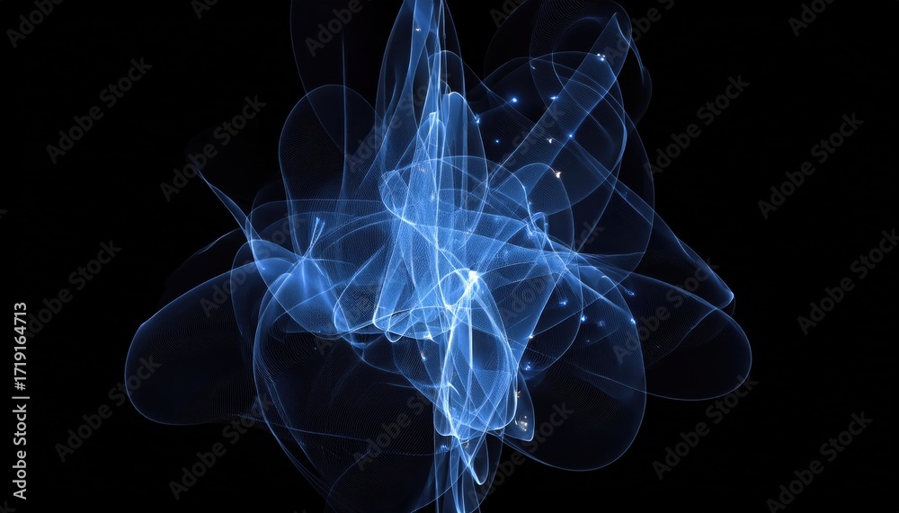 Sticker glowing blue abstract energy swirl in dark space, luminous flowing lines and particles for dynamic d