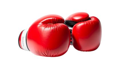 A pair of vibrant red leather boxing gloves, positioned closely together, rests on a dark background.  The gloves show slight sheen and texture, suggesting high quality