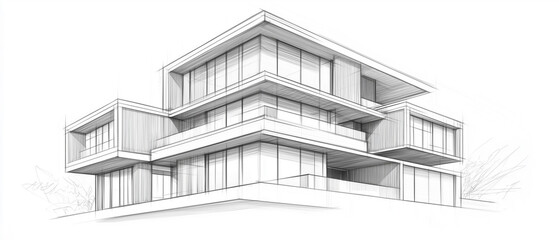 Technical architectural drawing in pencil sketch style