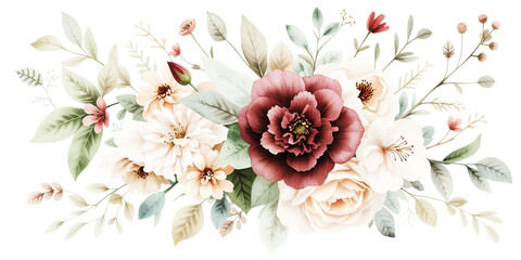 A collection of delicate watercolor flowers and leaves in muted tones showcasing a central burgundy bloom