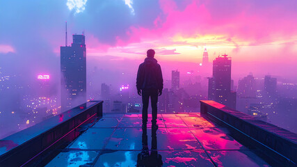 A lone person stands on a rain-slicked rooftop, gazing out at a vibrant city skyline. The scene is illuminated by glowing neon lights and a brilliant sunset, creating a futuristic, cyberpunk atmospher
