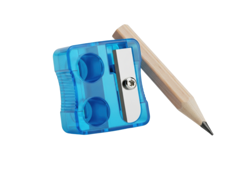 Vibrant cerulean blue manual pencil sharpener with chrome blades and light wood graphite pencil, isolated on a seamless transparent background with bright studio light, high-end stationery product