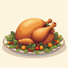 A roasted turkey sits on a decorated platter, ready for a festive meal.
