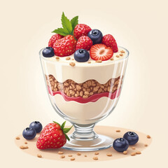 A layered dessert in a glass, featuring granola, yogurt, and fresh berries, beautifully arranged.