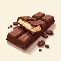 A graphic illustration of a chocolate bar with a creamy filling, broken apart, and scattered cookie pieces.