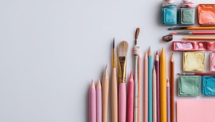 Pastel art supplies arranged diagonally on a white background