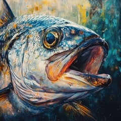 Close-up painting of a fish's head.  Vibrant colors depict scales, open mouth