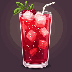 Refreshing raspberry iced drink with ice cubes and mint garnish in a tall glass.