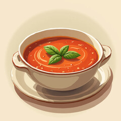 A creamy tomato soup, garnished with basil, served in a classic bowl.