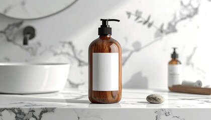 Elegant bathroom scene featuring a wooden soap dispenser with a blank label on a marble countertop, with soft lighting