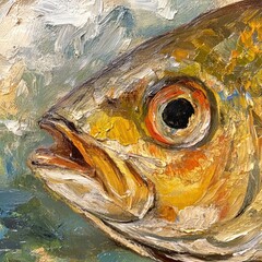 Close-up oil painting of a fish's head and upper body