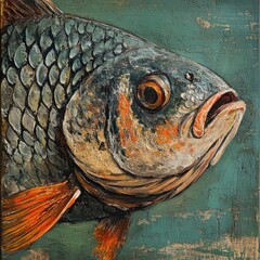 Close-up painting of a fish, with detailed scales and open mouth