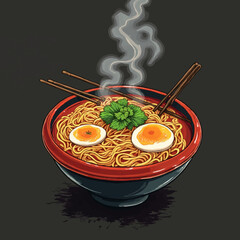 Steaming bowl of ramen noodles, garnished with soft-boiled eggs and herbs.