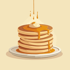 Stack of pancakes topped with butter and dripping honey syrup on a plate.