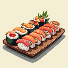 A beautifully arranged platter of various sushi pieces, showcasing fresh seafood and rice.