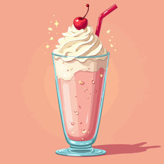 A refreshing pink milkshake with whipped cream, cherry, and straw, against a peach background.