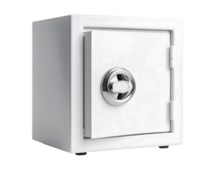 Small, white, cube-shaped security safe with a silver handle and door