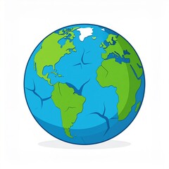 Naklejka premium Cartoon Earth globe, cracked surface, continents, green landmasses, blue oceans, simple illustration.